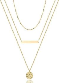 Layered Choker Necklace; Handmade 14K Gold Plated Y Pendant Necklace Multilayer Bar Disc Necklace Adjustable Layering Choker Necklaces for Women