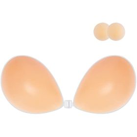 Adhesive Bra Strapless Sticky Invisible Push up Silicone Bra for Backless Dress with Nipple Covers (Cup Size: D, Color: Creme)