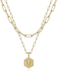 Dainty Layered Initial Necklaces for Women; 14K Gold Plated Paperclip Chain Necklace Simple Cute Hexagon Letter Pendant Initial Choker Necklace Gold L (Style: U, Color: Gold)